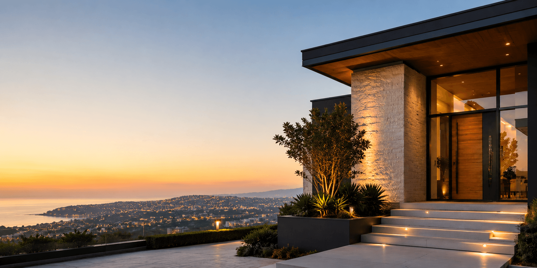 Modern luxury property at dusk